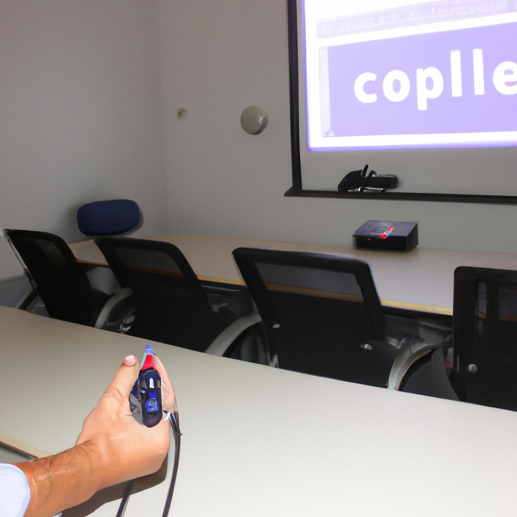 Person using conference room equipment