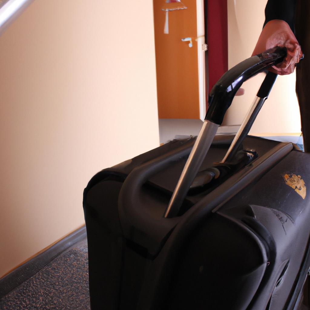 Person holding luggage at hotel