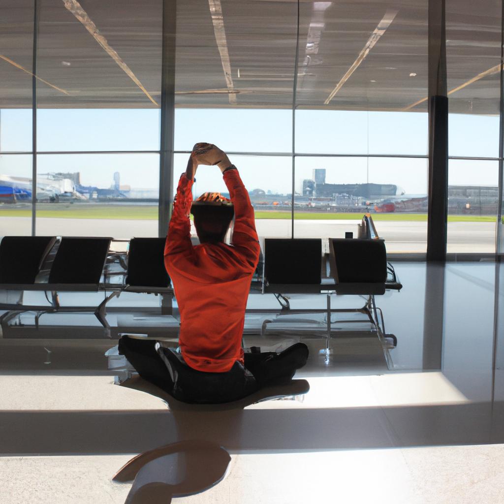 Person doing yoga at airport